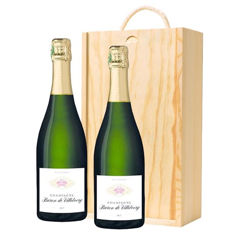 Baron De Villeboerg Brut Champagne 75cl Two Bottle Wooden Gift Boxed (2x75cl)